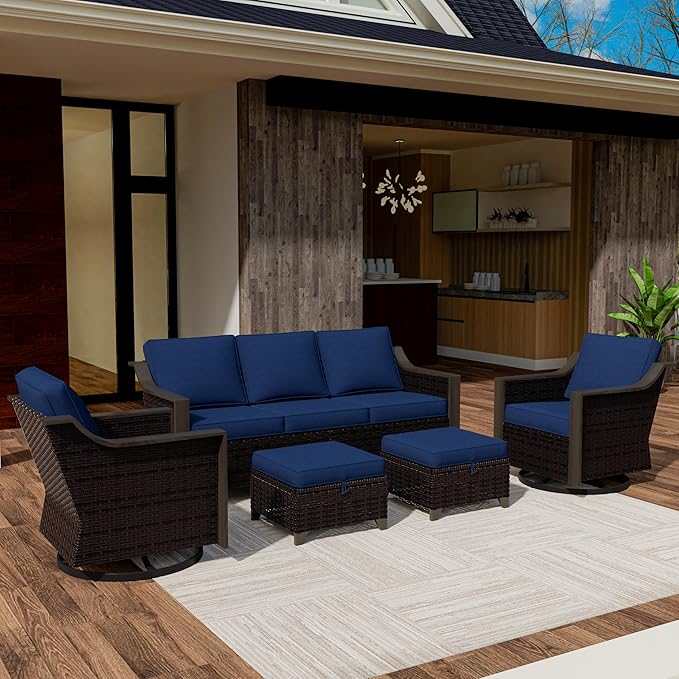5 Piece Wicker Patio Conversation Set, All-Weather Use Outdoor 2 PE Rattan Swivel Chair, 2 Ottoman, 1 Patio Sofa, Removable Water-Resistant Cushion, Ideal for Porch, Backyard, Balcony, Poolside, Blue