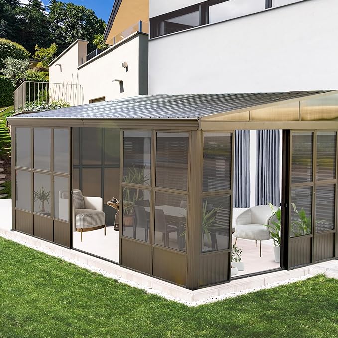 12x16FT Lean to Sunroom Kit All Season, Aluminum Wall Mounted Solarium with Galvanized Steel Slope Sun Room Roof, 2 Sliding Double Doors, PC Windows, Enclosed Permanent Gazebo for Patio, Deck
