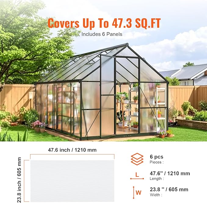 VEVOR 6 Pack Polycarbonate Greenhouse Panels, 2' X 4' X 0.16'' Roof Panels Sheets, Waterproof UV Protected Corrugated Plastic Roofing, Impact Resistance Clear Roofing Sheets for Greenhouse/Garden