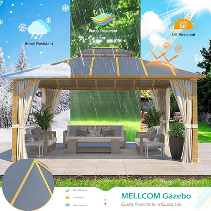 MELLCOM 12x14FT Hardtop Gazebo,Wooden Finish Coated Aluminum Patio Gazebo with Aluminum Composite Double Roof for Patio Lawn and Garden, Curtains and Netting Included