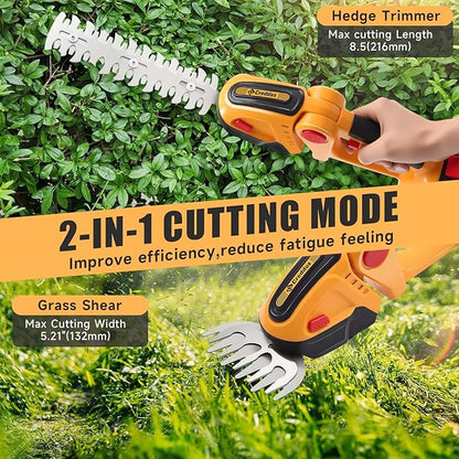 Cordless Hedge Trimmer, 2-in-1 Handheld Electric Hedge Trimmer/Grass Shears for Garden,Yard and Lawns, Shrub Trimmer with 2 PCS Rechargeable Battery&Charger (Yellow)