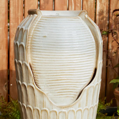 Glitzhome 28.25" H Oversized Ceramic Petals Textured Jar Outdoor Water Fountain, Vintage Sand Beige Glaze Vase Patio Garden Waterfall Fountain with LED Light and Submersible Pump