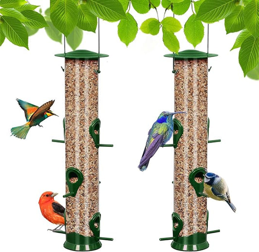 2 Packs Green Bird Feeder Tube Hanging Feeders, 6 Port Wild Bird Feeders Premium Hard Plastic with Steel Hanger Weatherproof and Water Resistant Great for Attracting Birds 18.2 Inches Large