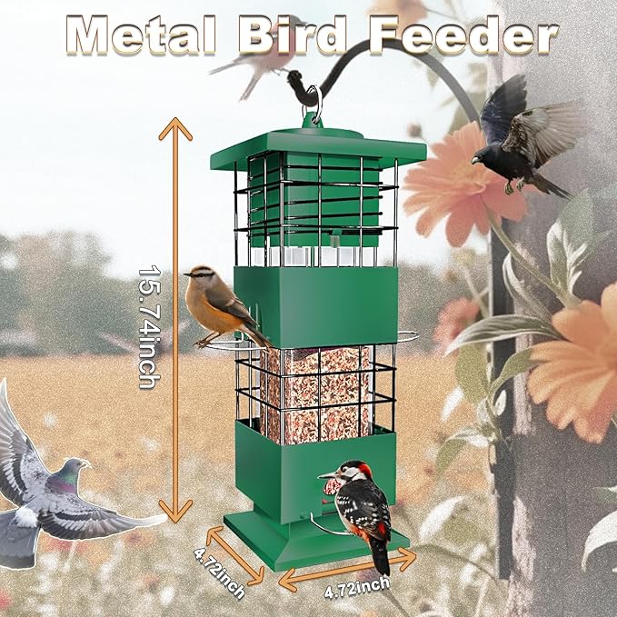 Squirrel Proof Bird Feeders for Outdoors Hanging, Large Capacity Gravity Protection Bird Feeders with 4 Feeding Ports, Metal Wild Bird Feeders for Outside, Finch, Cardinal, Blue Jay, 3.5Lbs