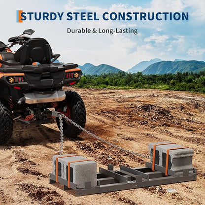 4FT Drag Harrow for ATV, Tractor & UTV, Heavy Duty Tow Behind Driveway Grader with 6FT Chain Link - Landscape Rake for Gravel, Sand, Soil & Hay - Lawn Leveling Tool for Field Yard & Pasture