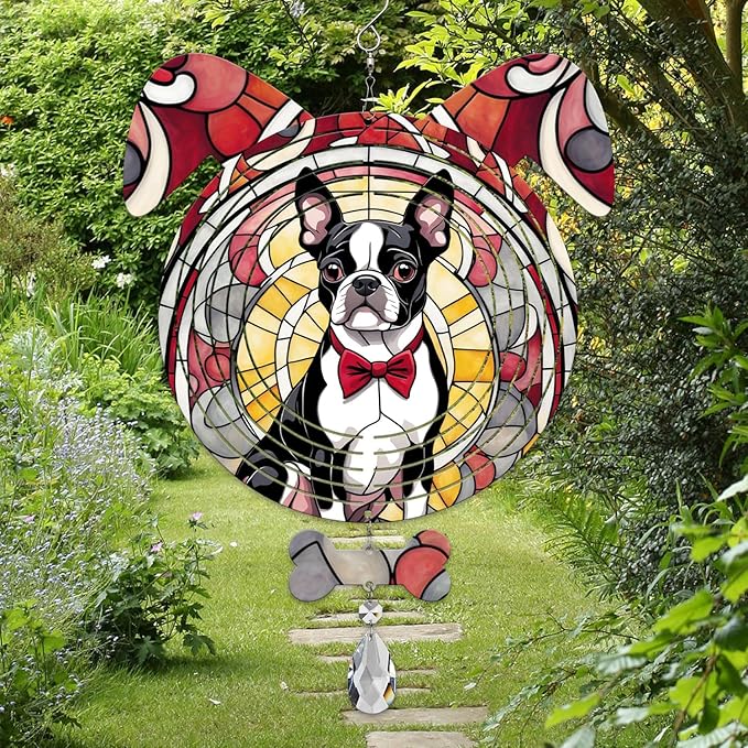 Boston Terrier Dog Ears Wind Spinner, Boston Terrier Wind Spinner Hanging for Yard and Garden V02