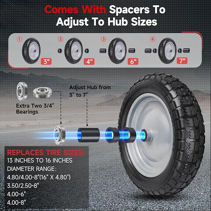 4.80/4.00-8 Tire and Wheel, 14.5" Flat Free Wheelbarrow Tire, 5/8" 3/4" Bearings Universal Solid Replacement Tires, 3" -7" Centered Hub for Hand Truck, Garden Cart, Includes Spacer Kit