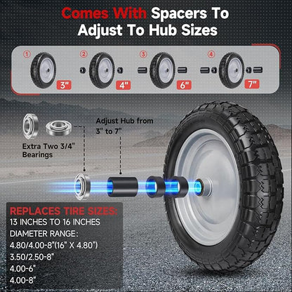 4.80/4.00-8 Tire and Wheel, 14.5" Flat Free Wheelbarrow Tire, 5/8" 3/4" Bearings Universal Solid Replacement Tires, 3" -7" Centered Hub for Hand Truck, Garden Cart, Includes Spacer Kit