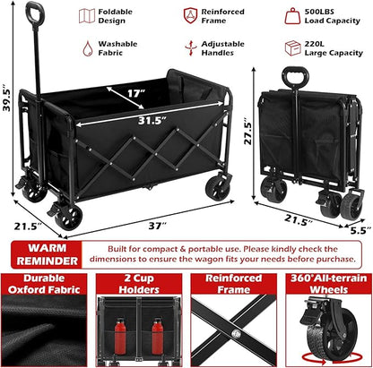 Collapsible Wagons Carts Foldable Wagon, 500LBS Wagon Cart Foldable Heavy Duty with Brakes & All-Terrain Wheels, Large Collapsible Folding Wagons for Beach Camp Sports Grocery, Portable (Black)