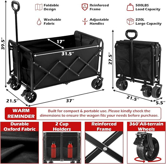 Collapsible Wagons Carts Foldable Wagon, 500LBS Wagon Cart Foldable Heavy Duty with Brakes & All-Terrain Wheels, Large Collapsible Folding Wagons for Beach Camp Sports Grocery, Portable (Black)