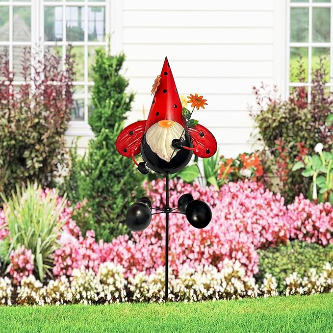 HONGLAND Gnome Metal Yard Art, Gnomes Garden Statue Outdoor Decor, 48 inch Gnome Decorations 360 Degrees Swivel Wind Spinner for Outdoor Patio Garden Backyard Décor - Ladybug