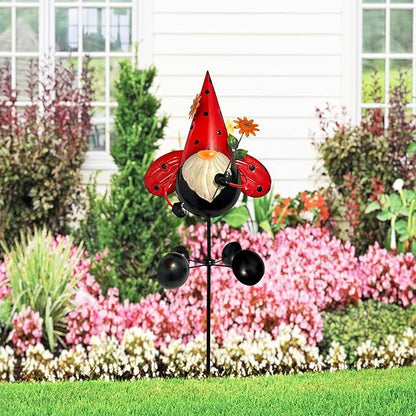 HONGLAND Gnome Metal Yard Art, Gnomes Garden Statue Outdoor Decor, 48 inch Gnome Decorations 360 Degrees Swivel Wind Spinner for Outdoor Patio Garden Backyard Décor - Ladybug