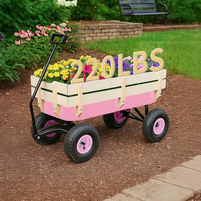 Outvita All-Terrain Cargo Wagon with 10'' Air Tires, Steel Structure Wagon with Removable Wooden Side Panels for Kids, Garden and Cargo, Up to 220lbs Capacity, 38'' L x 19'' W x 31'' H (Pink)