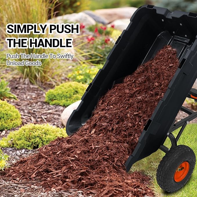 Garvee 800 LBS Poly Garden Dump Cart, Heavy-Duty Wheelbarrow with 10 in Tires, 180° Rotating Handle, Steel Frame and Quick Release System Garden Dump Cart for Soil Plants Gardening Tools Wood