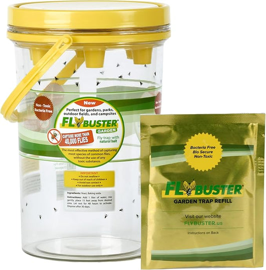 Fly Trap | Outdoor Device for Catching Flies | 2-Liter Garden Size | Comes with One Flytrap and 1 Bait Packet | 40,000 Fly Capacity | Non-Toxic | Child & Pet Safe