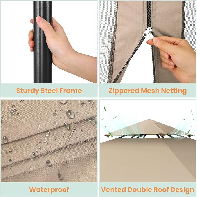 COBIZI Gazebo 10x10 Heavy Duty Gazebos with Improved Nettings Outdoor Gazebo Canopy Double Roof Patio Gazebos with Metal Steel Frame for Patio, Deck, Backyard (Khaki)
