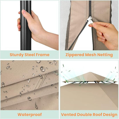 COBIZI Gazebo 10x10 Heavy Duty Gazebos with Improved Nettings Outdoor Gazebo Canopy Double Roof Patio Gazebos with Metal Steel Frame for Patio, Deck, Backyard (Khaki)