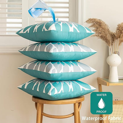 Qahing Pack of 4 Outdoor Waterproof Pillow Covers 18x18 Decorative Outdoor Throw Pillows Garden Square Cushion Cases for Patio Furniture, Couch, Tent Sunbrella, Bench, Teal Turquoise Grey