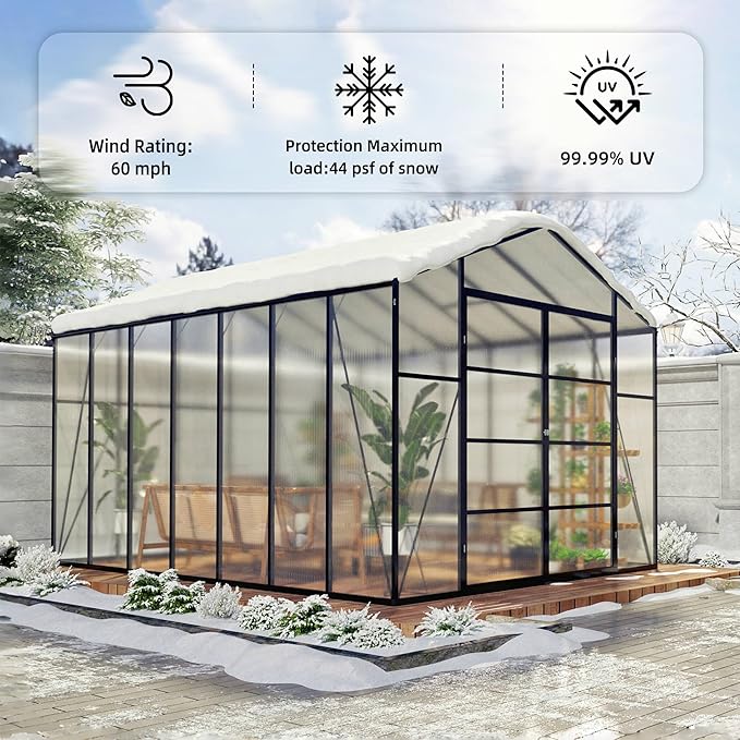 Greenhouse for Outdoors 8x14x7.8FT, Polycarbonate Greenhouse with Stronger Wind Protection and Roof Vent, Walk-in Large Aluminum Sunroom Winter Proof, Black
