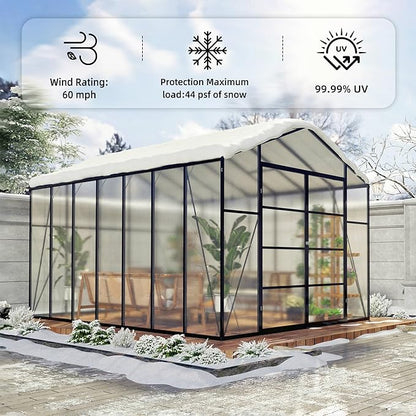 10 * 14 * 8.7FT Greenhouse for Outdoors,Polycarbonate Greenhouse with Stronger Wind Protection and Roof Vent,Walk-in Large Aluminum Sunroom Winter Proof,Black