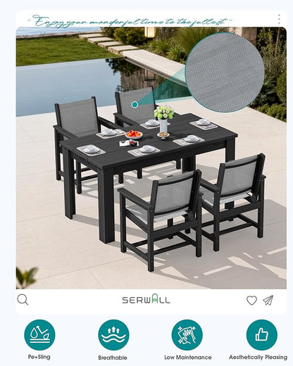 SERWALL Outdoor Dining Sets for 4 with 1 Umbrella Hole Cut-Out Rectangular Table and 4 Textilene Chairs, Patio Dining Table Sets for Garden, Backyard, Poolside, Black