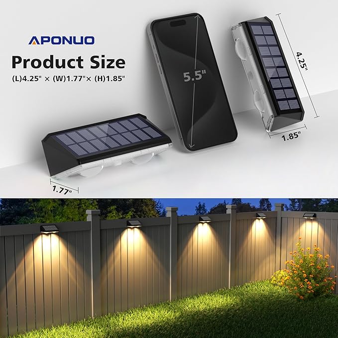 APONUO Solar Fence Lights Outdoor Waterproof, Fence Lights Solar Powered, 9 RGB Color Modes&Warm White&Cool White, Fence Solar Light Outdoor for Backyard, Patio, Wall, Yard,Deck（Black, 6 Pack）