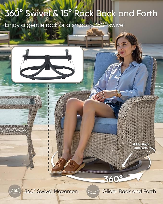 HUMMUH 7 Pieces Wicker Patio Conversation Set Outdoor Glider Loveseat with Patio Swivel Rocking Chairs Outdoor Patio Set for Deck Lawn Porch Balcony Poolside-Grey/Blue