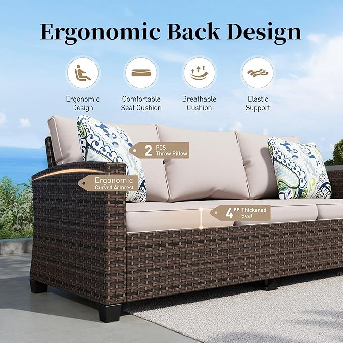Patio Furniture Set Outdoor Furniture Brown Wicker Rattan Patio Conversation Sets with Cushion Outside Sofa Set,5 Pieces 7 Seats,Beige