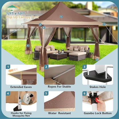 COBIZI 12x12 Pop Up Gazebo On Clearance Canopy Tent Easy Up Outdoor Gazebo Waterproof Upgrade with Mosquito Nettings and Carry Bag for Patio Garden Lawn