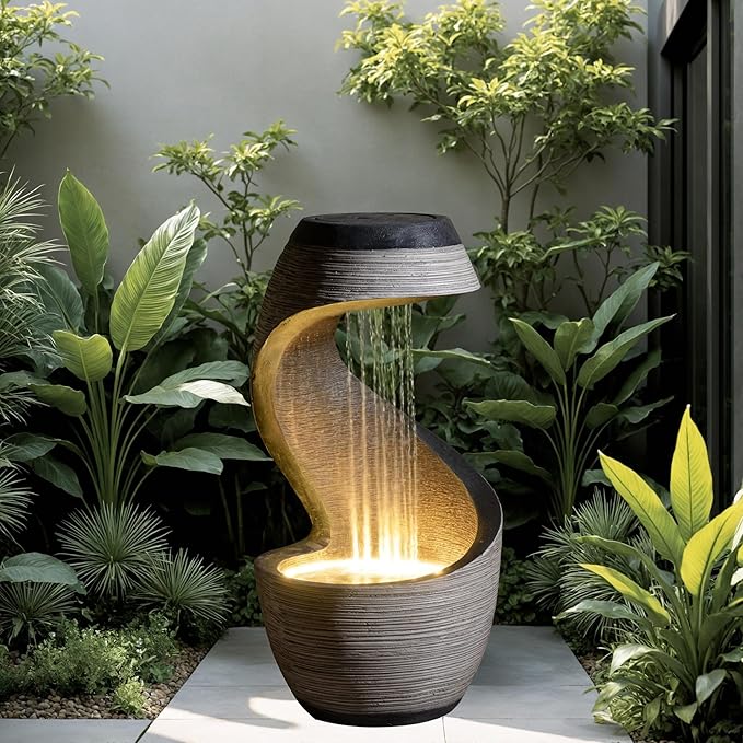 37" Tall S-Shaped Outdoor Waterfall Fountain – Rainfall Water Fountain for Garden, Patio or Backyard Decor, Floor-Standing Resin Garden Fountains Water Feature with Flat Top for Plant Display