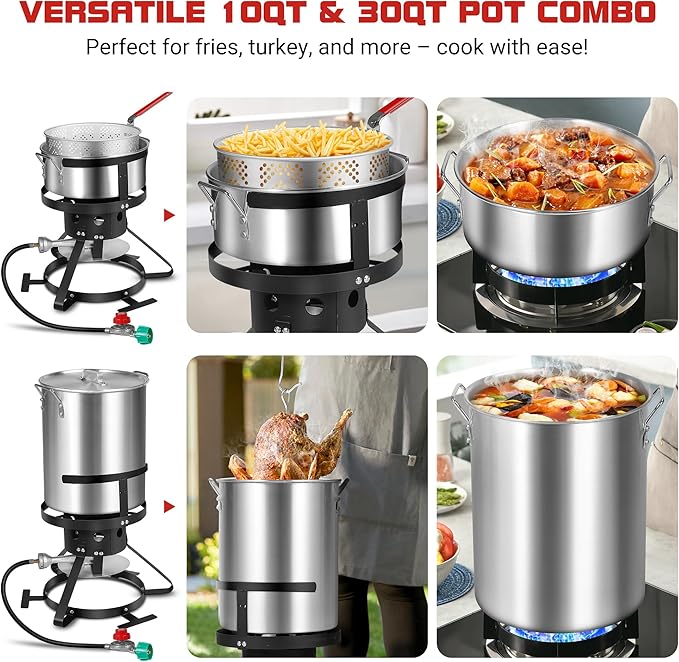 Turkey Fryer with Boiler Steamer Set Basket & 55000BTU Propane Burner, Outdoor Deep Fryer & Seafood Crawfish Boil Pot with Thermometer, Marinade Injector, Turkey Rack & Rack Lifter-OT-3020