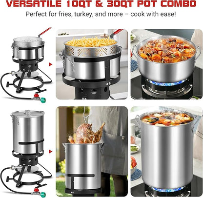 Turkey Fryer with Boiler Steamer Set Basket & 55000BTU Propane Burner, Outdoor Deep Fryer & Seafood Crawfish Boil Pot with Thermometer, Marinade Injector, Turkey Rack & Rack Lifter-OT-3020