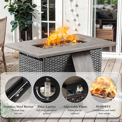 HUMMUH Patio Furniture Set with Fire Pit Table 41 in 55,000 BTU,5 Piece Wicker Outdoor Conversation Sets -Sturdy Outdoor Swivel Rocker Chairs Patio Sofa for Porch,Garden,Backyard