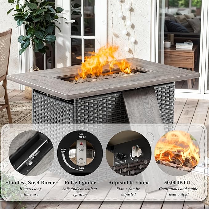HUMMUH 6-Piece Patio Furniture Set with Fire Pit Table Wicker Outdoor Swivel Rocker Patio Chairs High Back Loveseat Conversation Set for Porch, Backyard, Deck