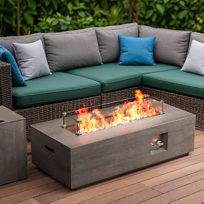42" Outdoor Fire Pit Table, 50,000 BTU Gas Fire Pit with Glass Wind Guard, Fire Stones, Waterproof Cover, Propane Fire Pit Table for Outside Patio (Brown)