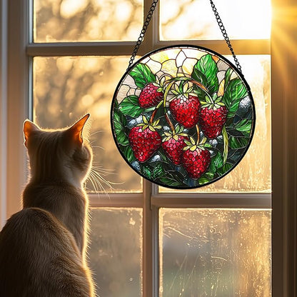 Stained Glass Suncatcher, Red Strawberry Green Leaf Sun Catcher Silver Background Stain Glass Window Hanging Decoration Mother's Day Birthday Gifts for Women Men Mom Nana 11.8 in