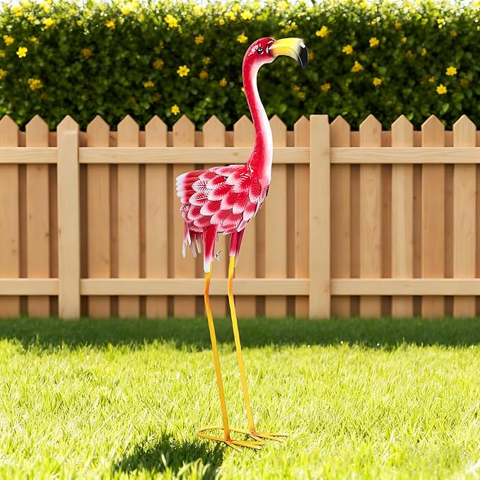 Flamingo Garden Metal Statues - Pink Flamingo Sculptures, Metal Birds Yard Art Outdoor Statue, Outdoor Backyard Decor, Patio, Porch, Lawn Ornament Large Iron Yard Decoration - 33 Inch