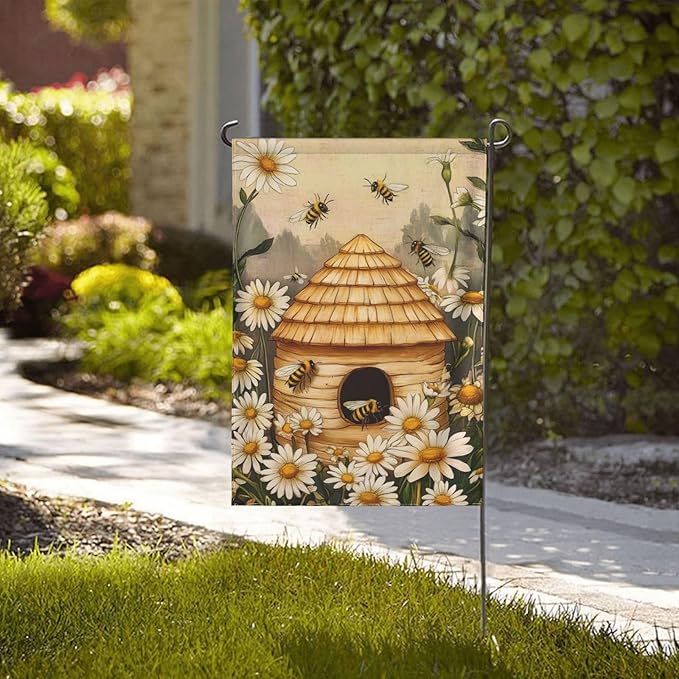 Bee Flower Garden Flag Vertical Double Sided Outdoor Yard Flags 12.5x18 Inch Burlap Banners for House Lawn