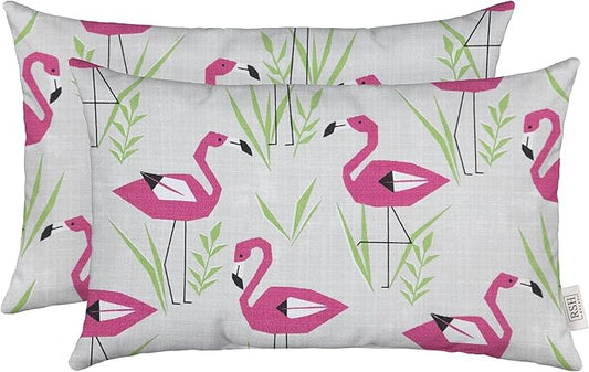 RSH DECOR: Lumbar Throw Pillows Set of 2 | 20” x 12" | All-Weather Spun Fabric | Water and Fade-Resistant | Outdoor Support Pillows for Patio Furniture | Groove Pink Flamingo