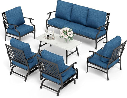 HERA'S HOUSE 6 Piece Patio Furniture Set, 2 x Rocking Chair, 2 x Fixed Chair, 1 x 3-Seat Sofa with Marbling Coffee Table, 7 Seats Outdoor Conversation Set for Lawn Garden Backyard, Pacific Blue