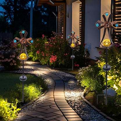 VCUTEKA Solar Garden Lights Cemetery Metal Flower Decor Colorful Solar Pathway Light with LED Cracked Crystal Ball Outdoor Decorative Stake for Patio Yard Lawn Garden Decor (Cross)