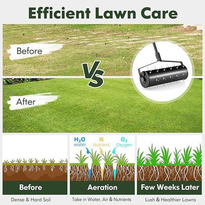S AFSTAR 21" Manual Lawn Aerator, Heavy Duty Rolling Aerator Lawn Tool Filled Sand Stone with 51" Detachable Handle & Tine Spikes for Soil Loosening, Push Grass Aeration for Garden Yard, Black