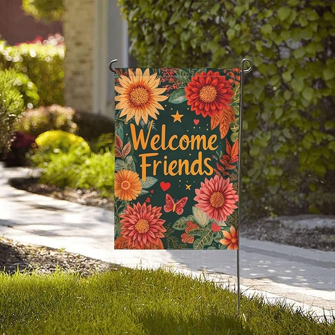 Welcome Friend Garden Flag Vertical Double Sided Outdoor Yard Flags 12.5x18 Inch Burlap Banners for House Lawn