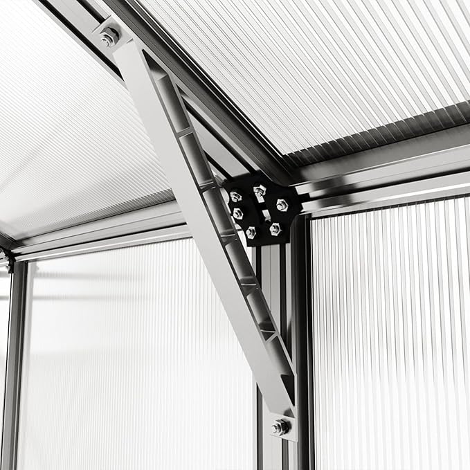 Greenhouse Jasmin 4 Aluminum Frame - 6.3 x 8.4 ft Approx. 6 mm Polycarbonate Panels - Bonus Base Frame and Automatic Vent Opener