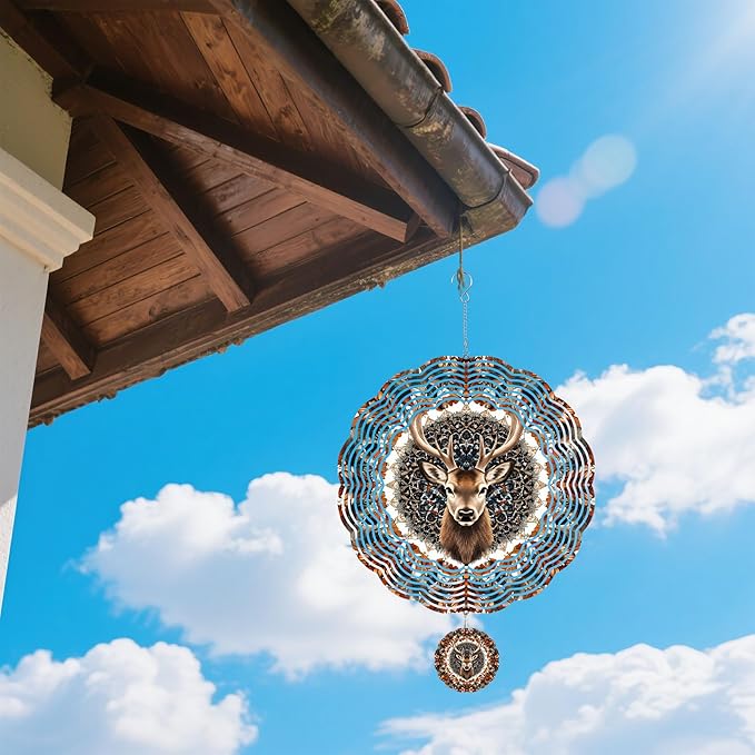 Wind Spinners Outdoor, Brown Retro Elk Deer 3D Stainless Steel Wind Sculpture Spinner for Garden Outside Hanging Decor Mother's Day Christmas Birthday Gifts for Women Men Mom Nana 11.8 in