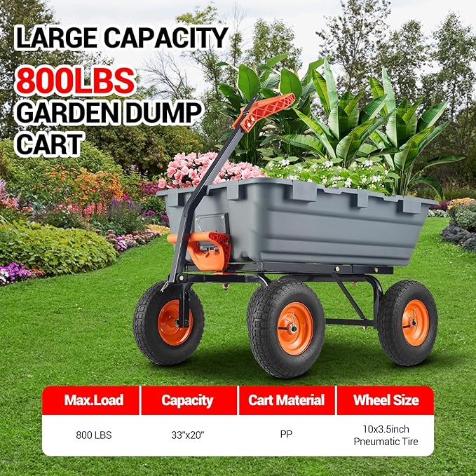 800 Lbs Garden Dump Carts, Heavy Duty Yard Cart, 4 Wheel Wheelbarrow with 10in Tires, Steel Frame and Quick Release System for Plants, Soil, Sand, in Courtyard, Beach, Farm(Gray)