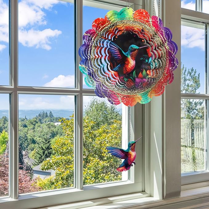 Hummingbird Wind Spinners Outdoor - Hummingbird 3D Metal Yard Wind Spinner Hanging Lawn Christmas Decor for Yard and Garden Kinetic Art Ornament Gifts, (12 X 12 Inches)