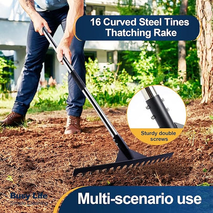 Yocada Thatch Rake 15.7" Steel Lawn Thatching Rake Heavy Duty Grass Grooming Tool for Garden Yard Soil Loosening Lawn Cleaning 62" Tall