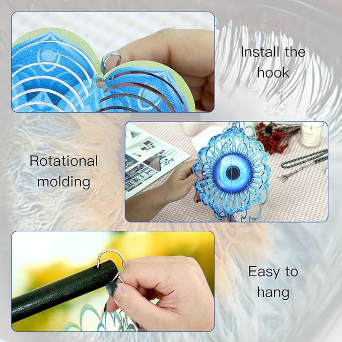 Blue Evil Eye Hanging Wind Spinners Outdoor Metal Evil Eye Decor Mandala 3D Stainless Steel Wind Spinner Protective Amulet for Home Outdoor Garden Yard Decoration (Mandala)