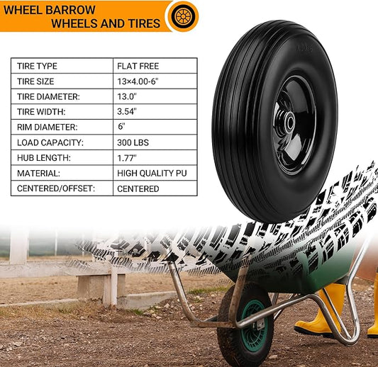 Upgrade 13Inch Wheelbarrow Tires 4.00-6 Flat Free Tire And Wheel with 5/8" & 3/4" Bearings, 1.77"-5.75" Center Hub for Wheelbarrows Garden Wagon Cart Wheel Replacement by NISHCON, 2Pack